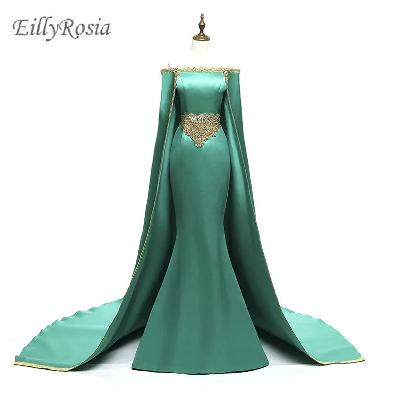 Длинные платья для матери невесты из Саудовской Аравии с накидкой охотника, зеленые Сатиновые вечерние платья с золотыми бусинами и аппликацией в виде русалки - Цвет: Черный