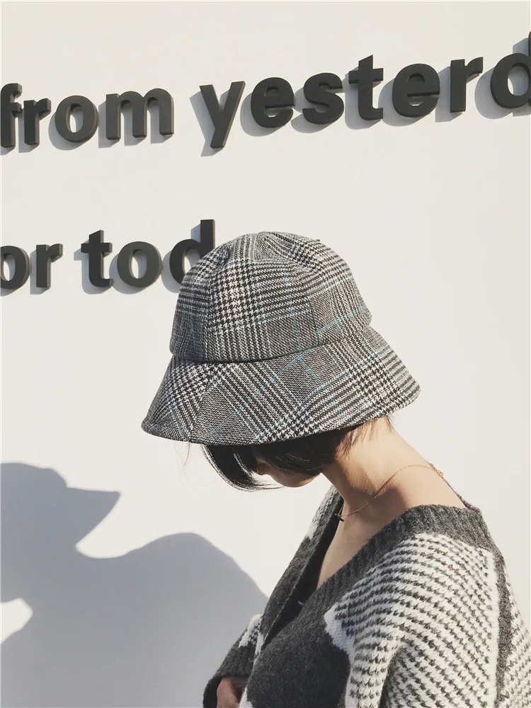 Зимняя теплая складная шляпа-ведро с рисунком «гусиная лапка» для женщин, широкие шляпы в клетку для рыбаков, широкополая Солнцезащитная шляпа, твердые крышки