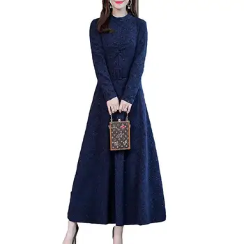 

Spring Autumn 2019 Fashion Maxi Dress Women's Long Sleeve Gorgeous Floral Jacquard Long Dress Pleated A-Line Dress Vestidos D209