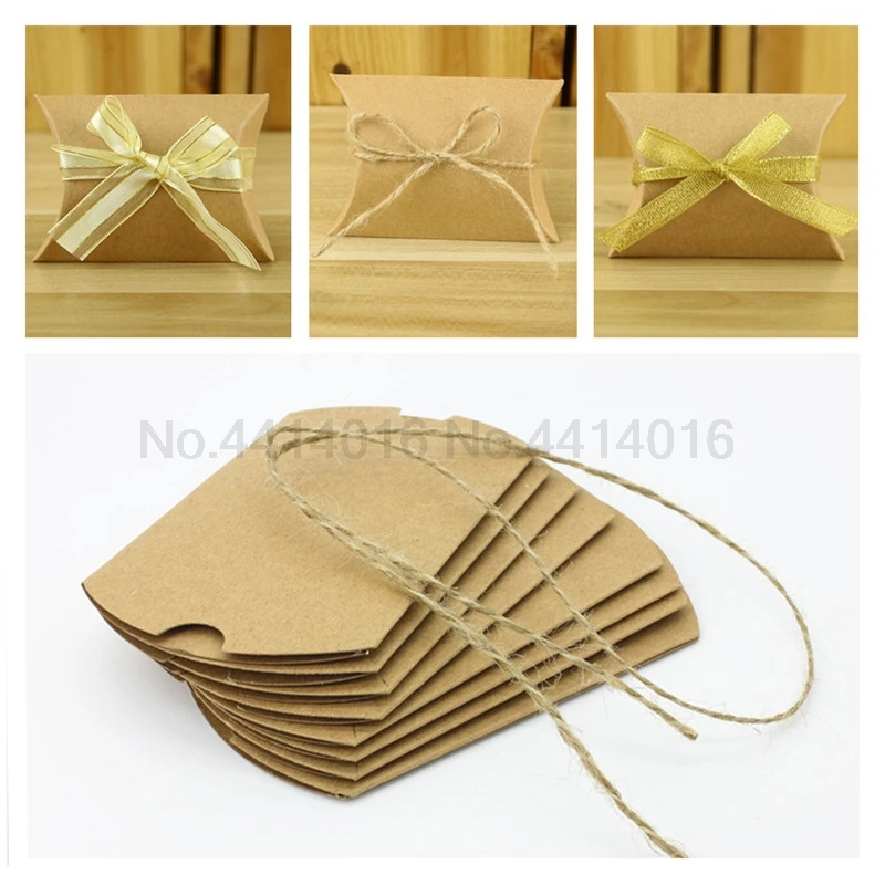 

50PCS 9Cmx 6.5Cmx2.5Cm 4 Style Kraft Paper Pillow Box Wedding Party Gift Candy Box With Rope Birthday Party Wedding Supplies Bb