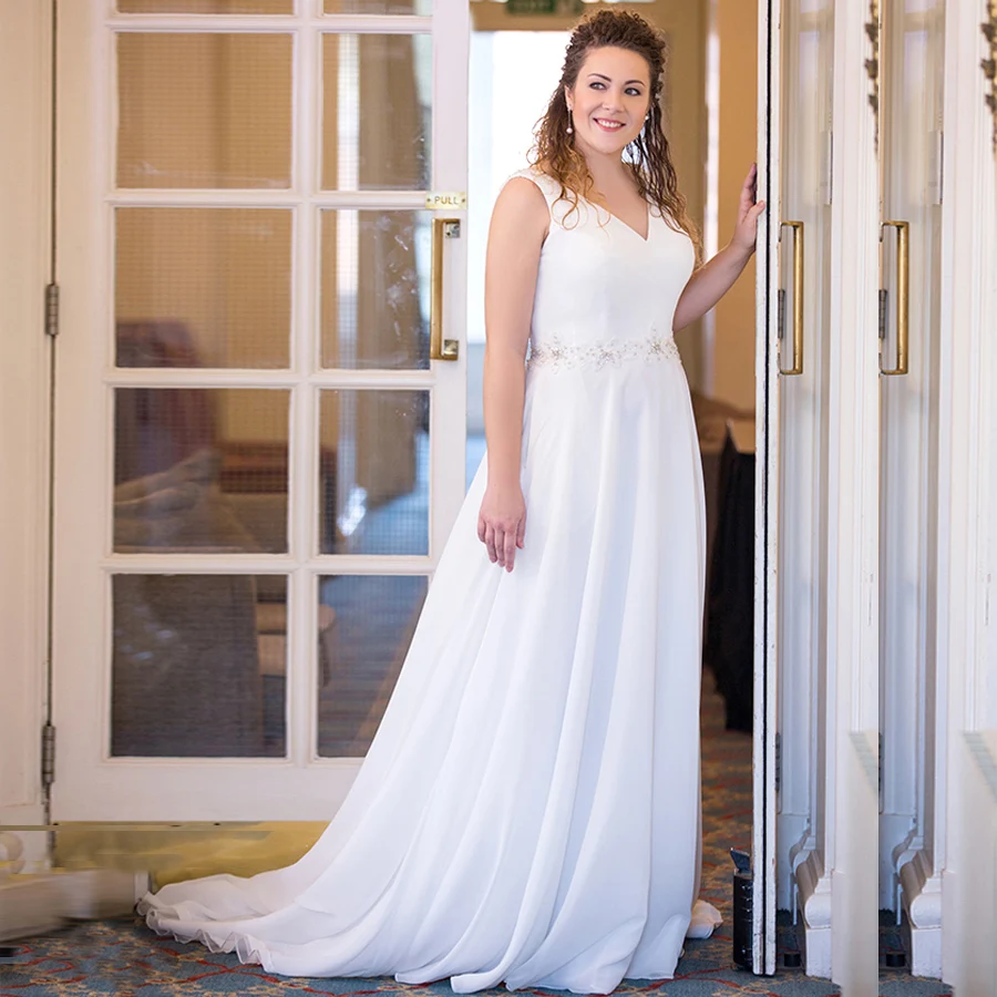 Свадебное платье размера плюс, v-образный вырез, шифоновое платье с аппликацией, Пляжное свадебное платье с коротким рукавом, недорогие свадебные платья высокого качества