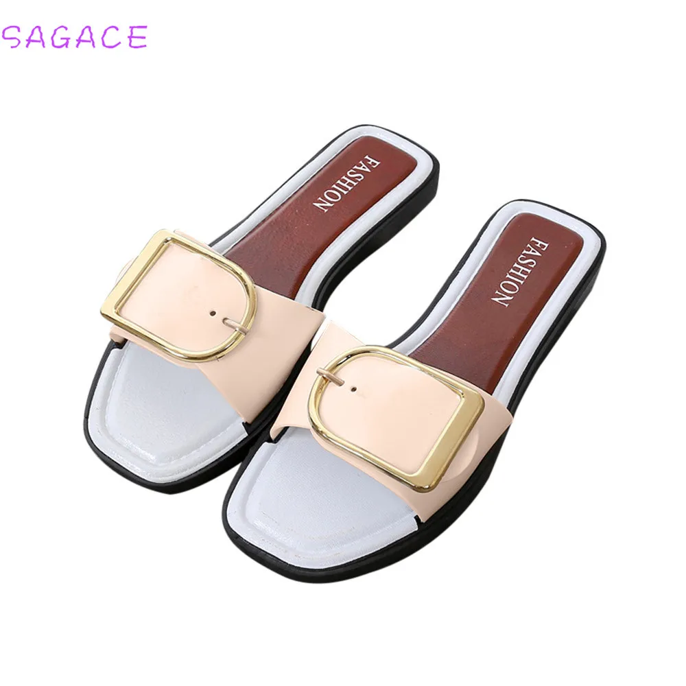 SAGACE/; Лидер продаж; Модные женские летние сандалии на плоской подошве с квадратной пряжкой; повседневная обувь; женские шлепанцы; женская обувь - Цвет: White