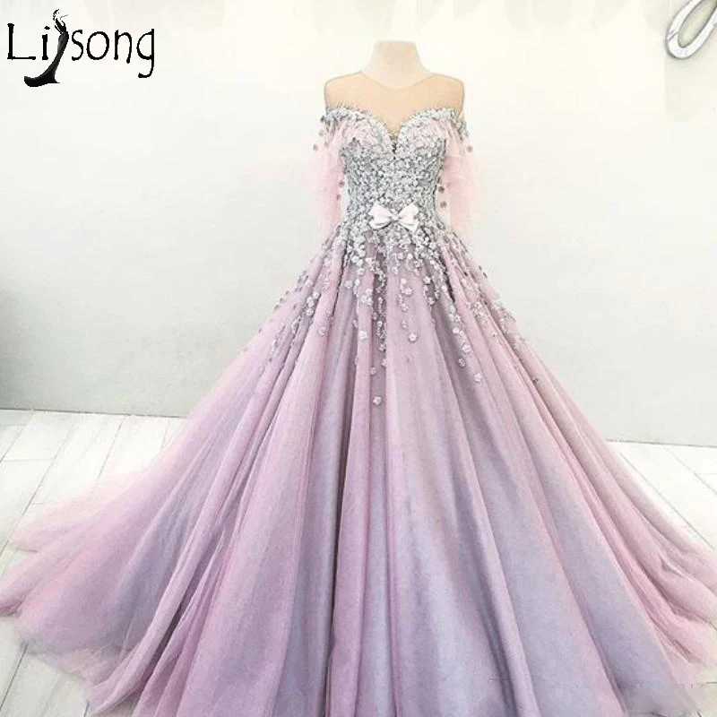 Romantic Dubai Princess Engagement Dress Sheer Jewel Neck Bow Beaded Lace Applique Evening Dresses Glamorous Puffy Ball Gown Tulle Prom Dres179