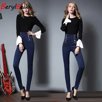 

BerylBella Women's Jeans Pants Spring High Waist Button Casual Skinny Black Ladies Trousers Female Pants Large Size 6XL