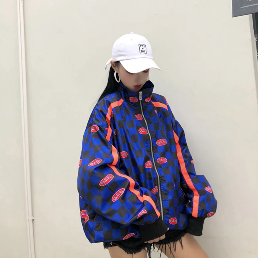 

Plaid Autumn Jacket Women 2018 Plus Size Harajuku Windbreaker Coat Bomber Oversized Jacket Korean Steampunk Streetwear 50B0072