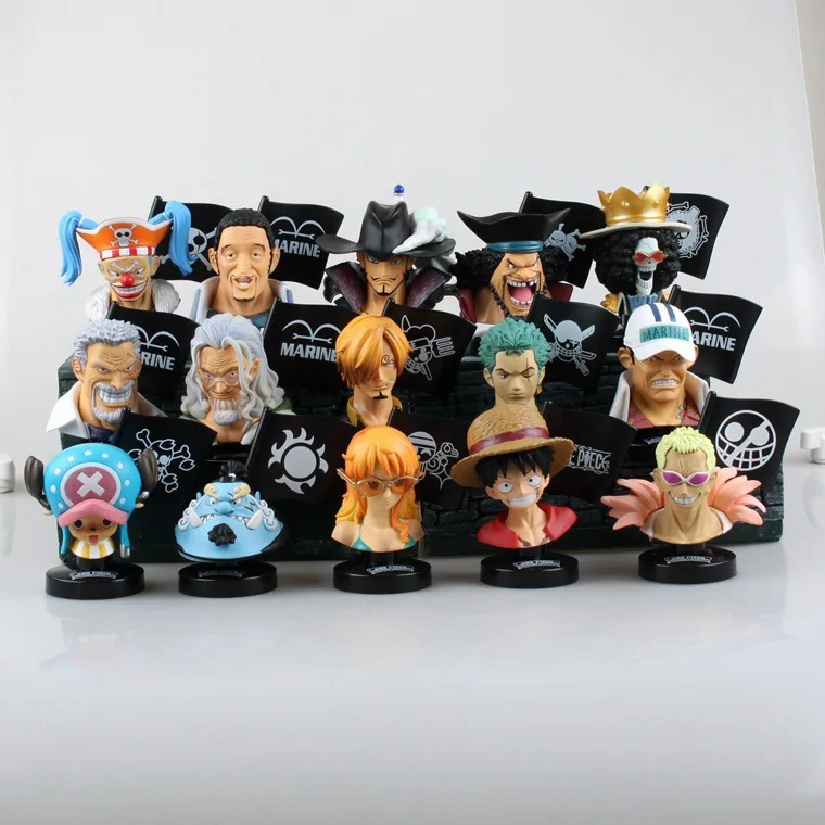 

Free Shipping Cute 15pcs One Piece Anime Charactor Head Sculpture PVC Action Figure Set Collection Model Toy (15pcs per set)