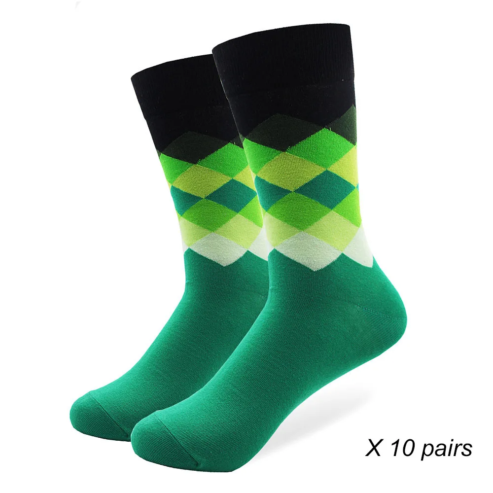 10 пар/лот размера плюс повседневные красочные счастливые носки клетчатый узор мужские носки хлопковые с забавным теплым британским стилем дышащие Скейт Носки - Цвет: 10-050-3