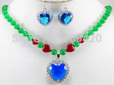 

G@W Free Shipping Wholesale>>>JJ6543 charm 8mm green red jade necklace & heart blue zircon 18KGP pendant earrings set
