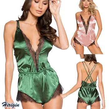 Summer Women Satin Sexy Nightwear Jumpsuits 2019 New Women Summer Sexy Sleeveless Deep V-Neck Lace Patchwork Jumpsuits