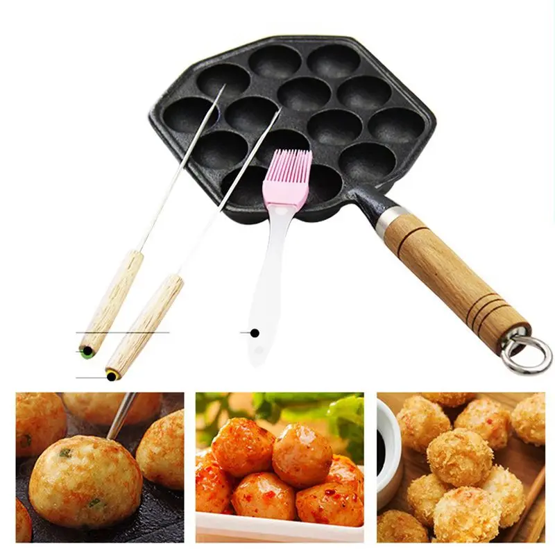 

14 Hole Professional Octopus Ball Meatball Maker Uncoated Cast Iron Takoyaki Grill Plate Nonstick Chibi Maruko Mold Pan Bakeware