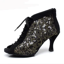 Женская обувь для бальных танцев, латинских танцев, высокий каблук 7,5 см, женская обувь для сальсы, черные вечерние туфли для танго, танцевальная обувь, замшевая подошва, 1905