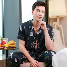 Новые пижамы мужские атласное шелковое ночное белье мужские с принтом короткий рукав и длинные штаны 2 шт мужские Пижамные наборы летняя одежда для сна Пижама