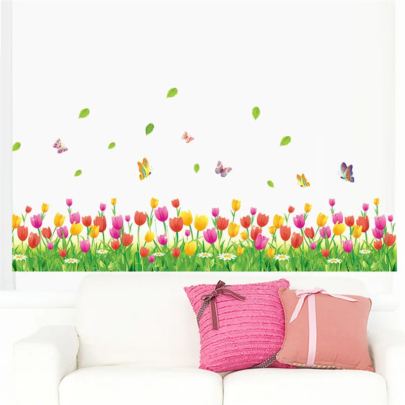 

% Country style tulip flower Butterfly Baseboard wall Stickers DIY Wall Decal Home decor Living Room Bedroom Window Decoration