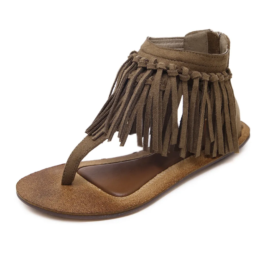 Sandalia Feminina summer women sandals vintage fashion flat shoes female ladies tassel faux suede ankle strap