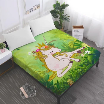 

Jungle Green Leaves Plant Print Bed Sheet Princess Unicorn Fitted Sheet Girls Cartoon Bedding Deep Pocket Mattress Cover