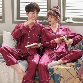 

Couple Korean pajamas women spring silk long-sleeved pajamas men's suit silk home service pajamas Set homewear sleepwear 2pic