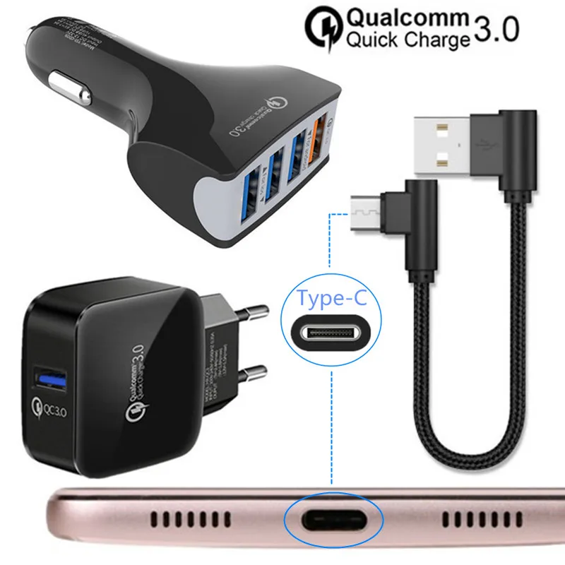 

90 degree Angle Type C USB cord QC 3.0 Fast car charger eu adapter For Huawei P20 lite mate 20 10 Pro Honor 9 One plus 5 6 lg g5