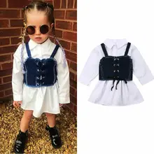 1-6Y Fashion Toddler Kids Baby Girl Dress+Vest Long Sleeve Sling White A-Line Dress Denim Vest Summer Clothes Set