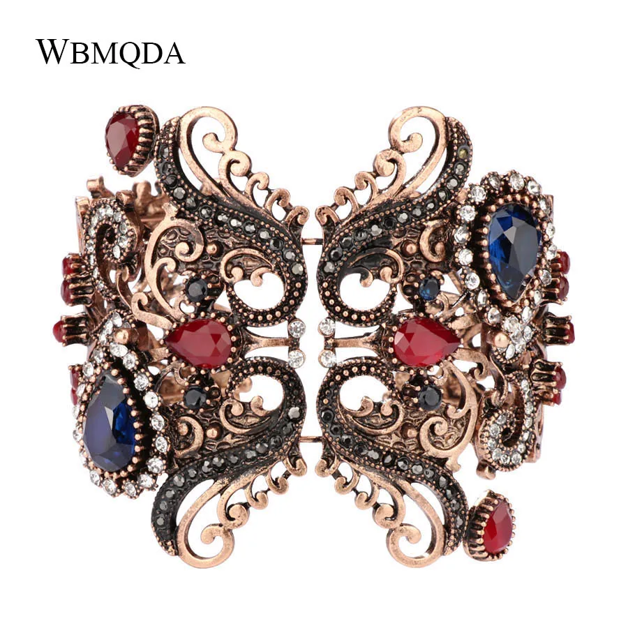 

Wbmqda Free Shipping Unique Colored Cuff Bangles Vintage Crystal Antique Gold Bracelets For Women Boho Statement Jewelry Gift