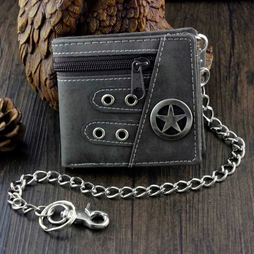

Star Men Boys Fashion Casual Cavans Wallet Ziper Purse w/ Anti Thief Chain gift