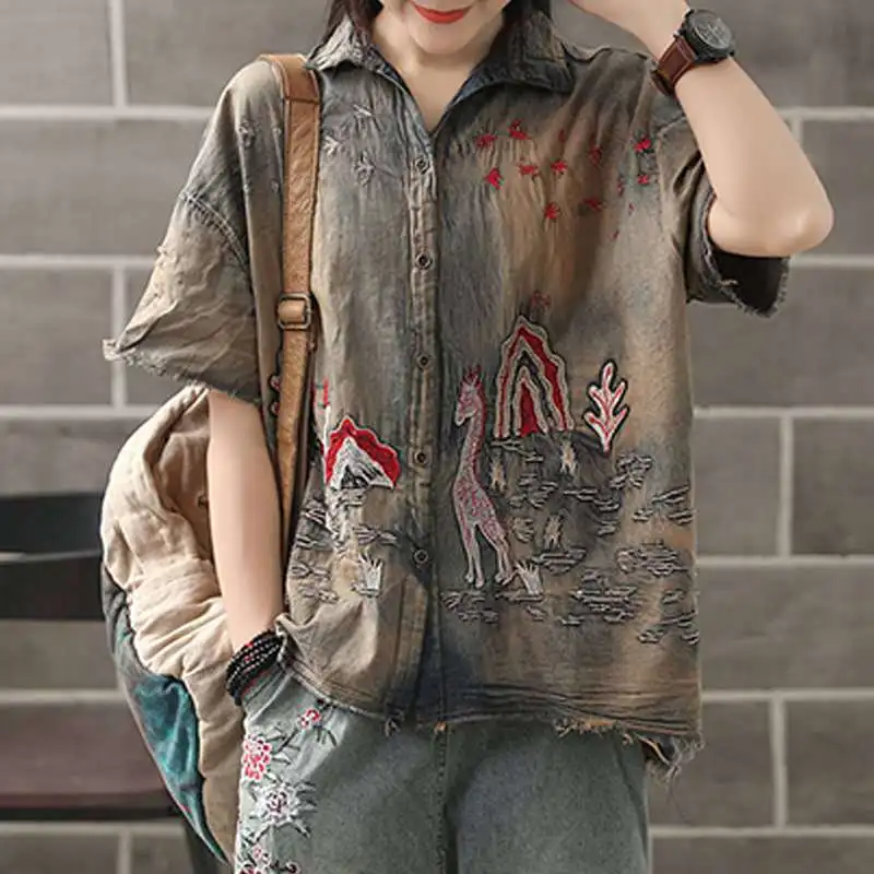 

Denim Clothes Streetwear Vintage Turn Down Collar Female Shirt Loose Summer Retro Animal Embroidery Blouses Button Ripped Tops
