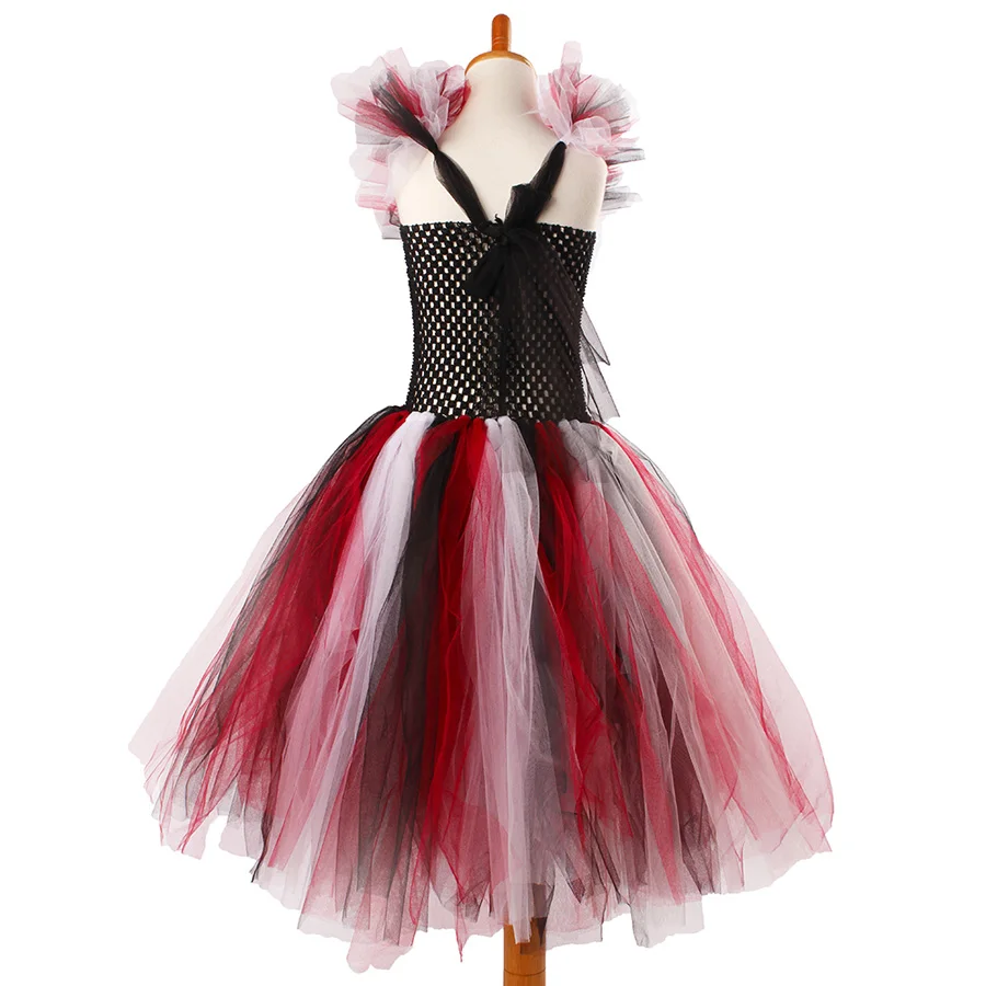 Black Wine Kids Halloween Purim Costume Evil Queen Inspired Girls Handmade Tutu Dress with Horns Children Scary Bow Gown (7)