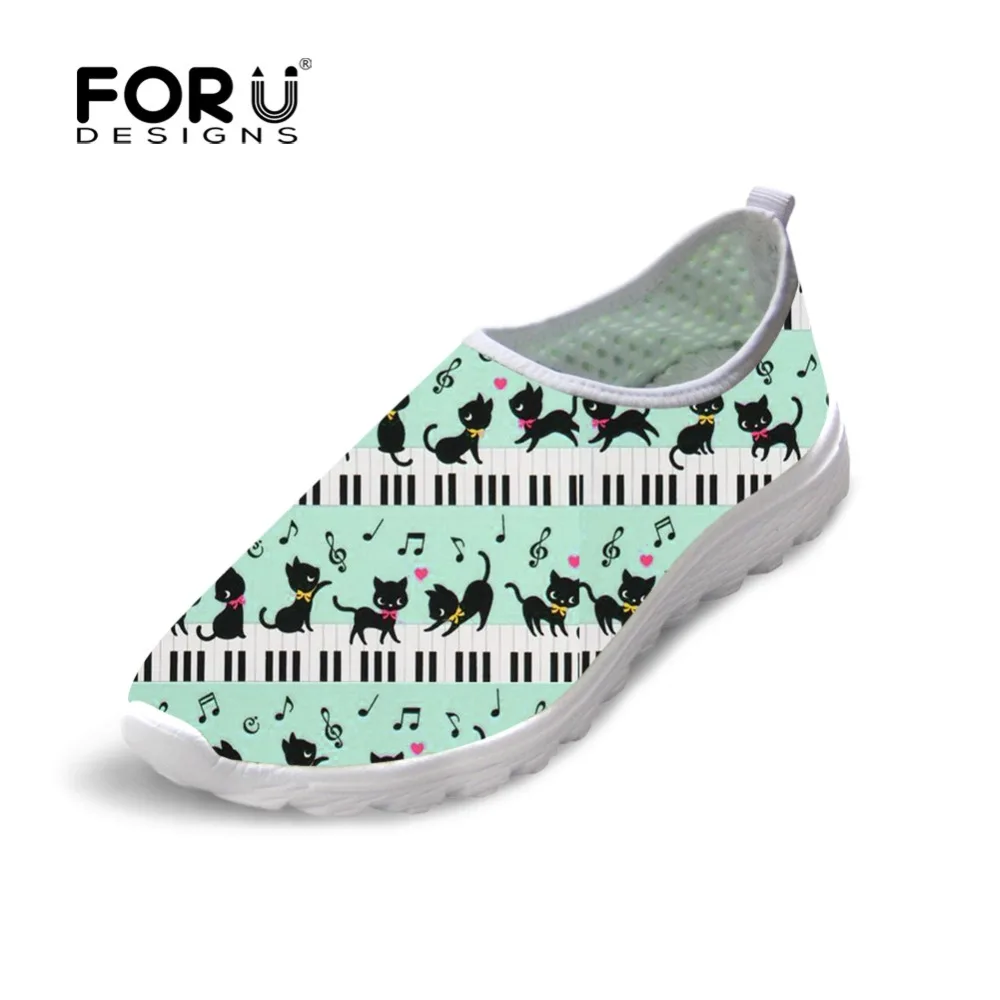 

FORUDESIGNS Flats Shoes Women Summer Autumn Cute Animal Cat with Piano Music Note Casual Women's Sneakers Shoes Woman Mesh Beach