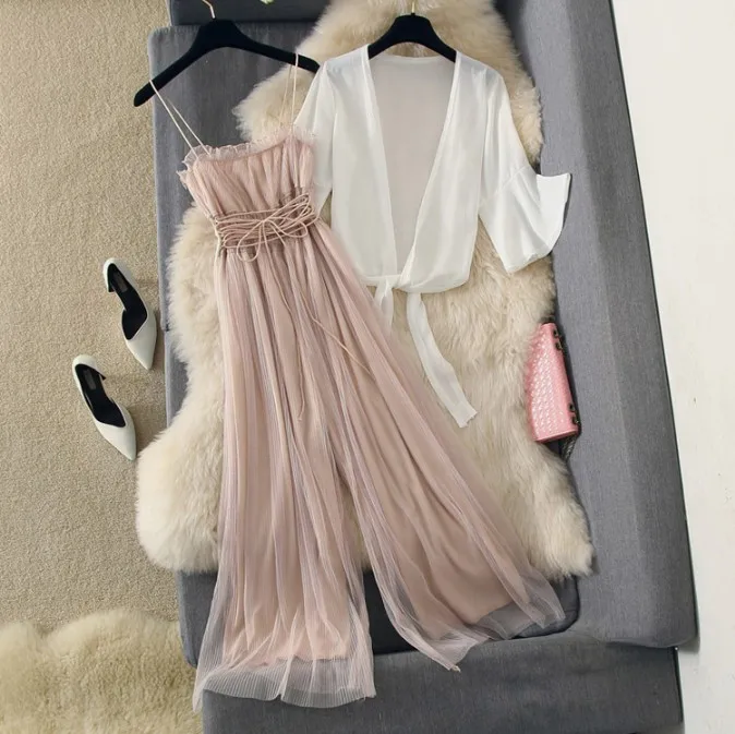 

2019 New Women Summer Short Chiffon Cardigan Shirt + Sling Straps Slim Waist Mesh Wide Leg Pants Jumpsuit Holiday Two Piece Set