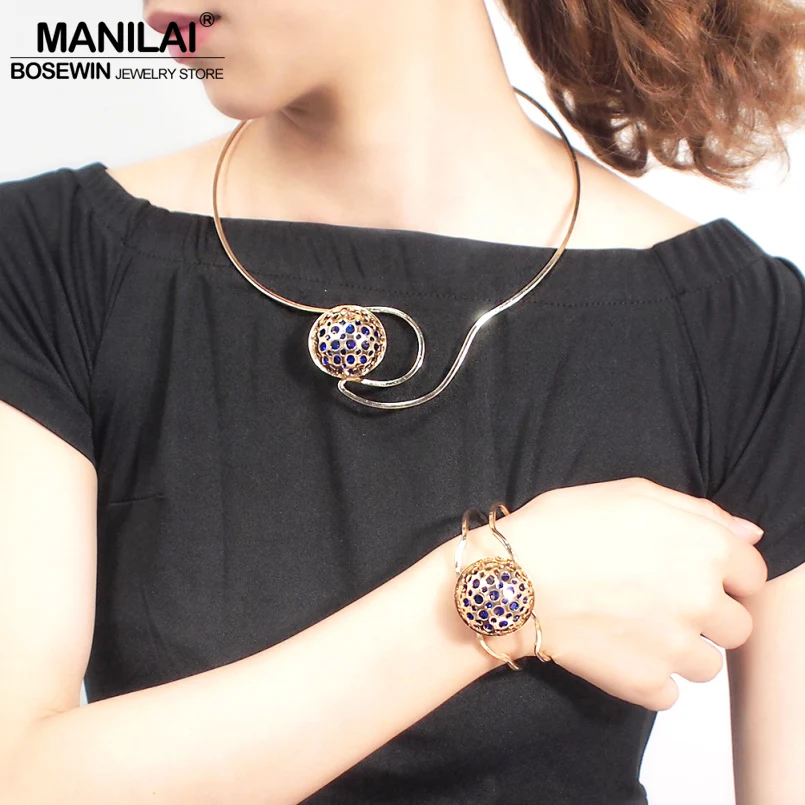 

MANILAI Unique Statement Jewelry Sets Women Charm Blue Rhinestones Gold Choker Necklace Bracelets Set Fashion Bangles Torques
