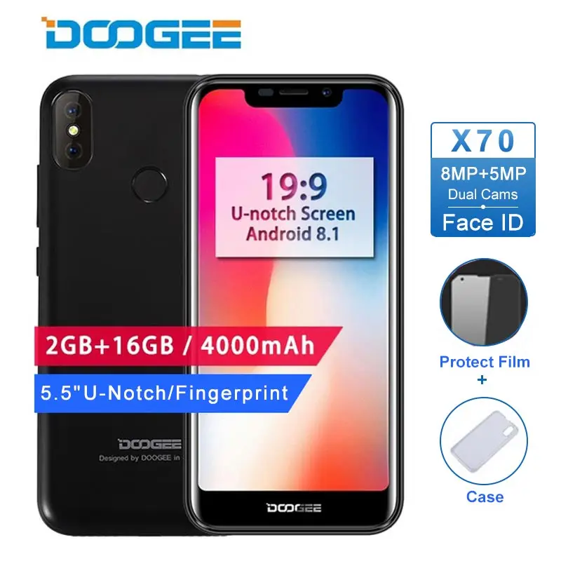 

Doogee X70 Smartphone Android 8.1 5.5" 19:9 U-notch screen 4000mah 2GB RAM 16GB ROM face ID Dual rear camera 8MP 3G Mobile phone