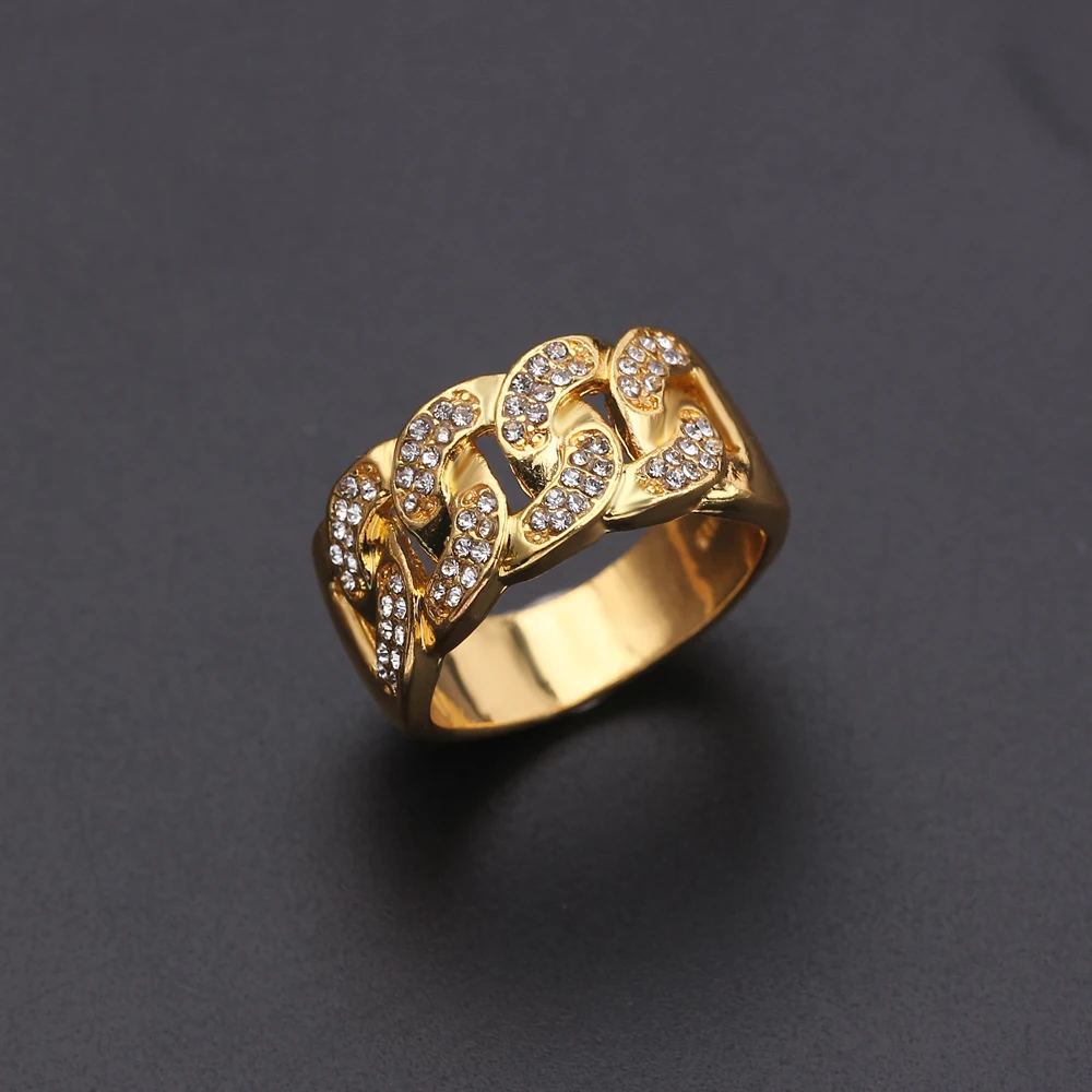 

Wholesale Hip Hop Stainless Steel Cuban chain Iced Out Rhinestone Ring Gold Color Engagement Wedding Rings For Women Men
