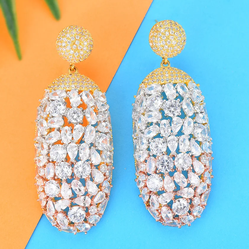 

GODKI 62mm 3 Tone Luxury Oval Geometry Full Mirco Paved Cubic Zircon CZ Naija Wedding Earring Fashion Jewelry
