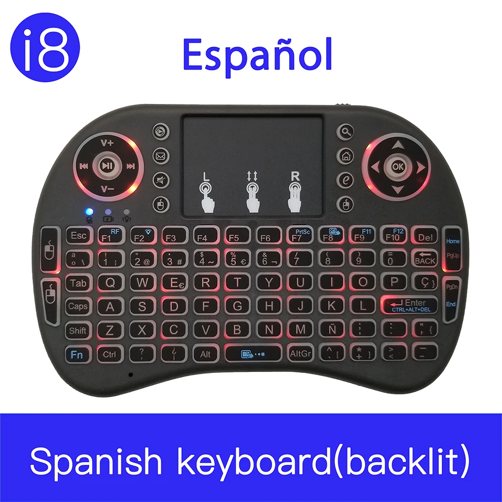 

Spainish Wireless Keyboard backlit i8 Mini Portable Mouse de Air 3 colors with scroll touch pad for Google Android TV Box