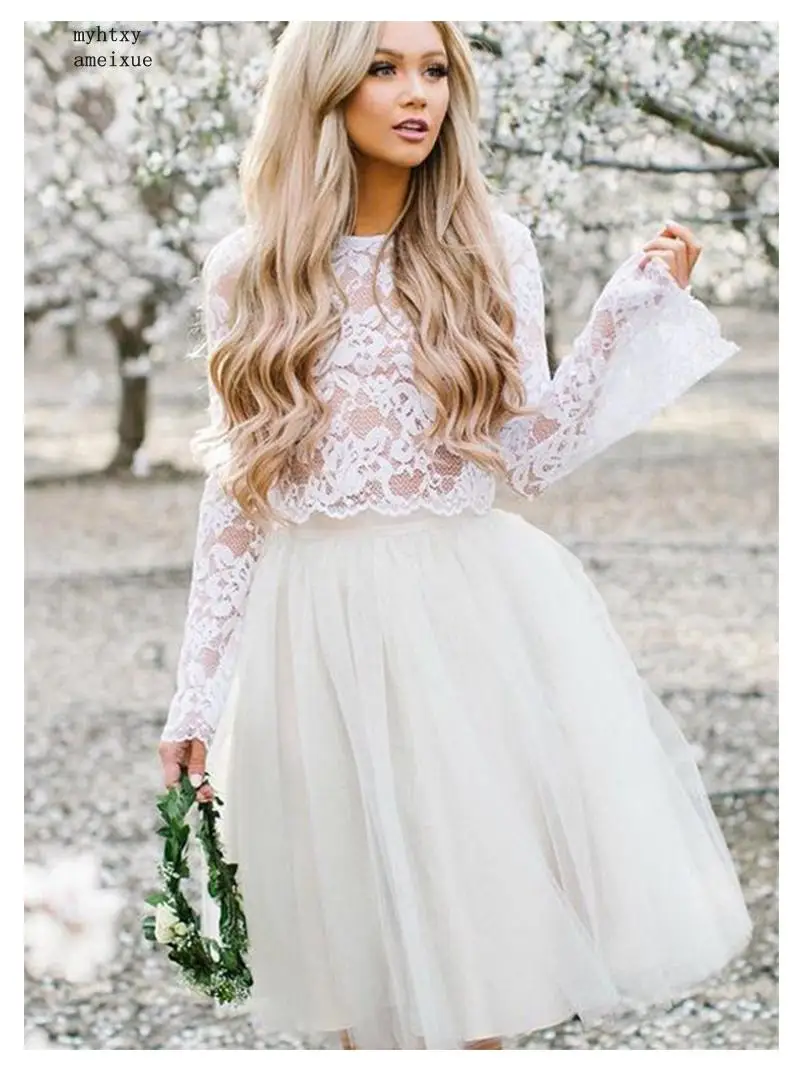 

Long Stare Sleeves Wedding Dress Lace Knee Length Bride Dress Two-pieces Lace Top Beach Informal Dress Cheap Robe De Mariee 2020