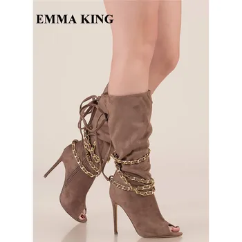 

EMMA KING Latest Women Open Toe High Heels Summer Sandals Boots Metal Decor Chain Studded Cross-tied Boots Casual Grey Boots