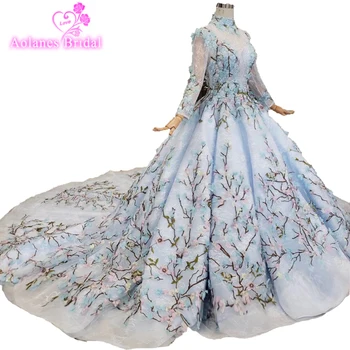 

Crystals Tulle Prom Dresses 2019 Long Blue High Neck Elegant Crystals Long Evening Formal Dress With Veils Vestidos De Fiesta