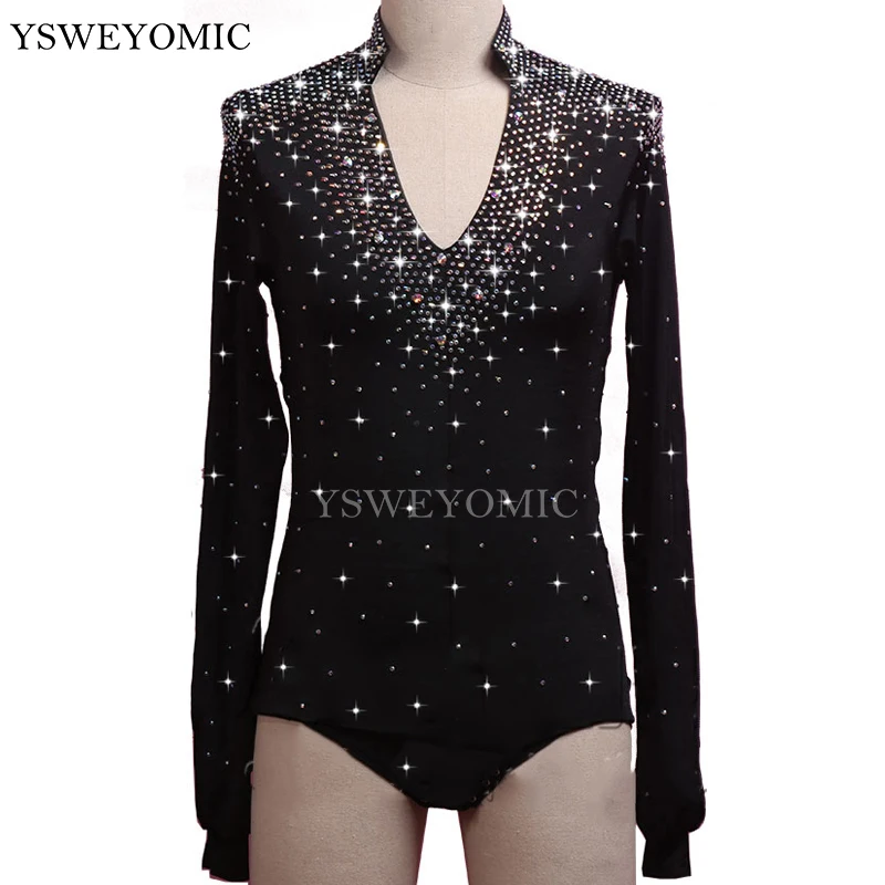 Black Latin Dance Shirts Men Flamenco Long Sleeve Round Neck Sequin Middle East Diamond Tops Ballroom Shirt Performance Wear