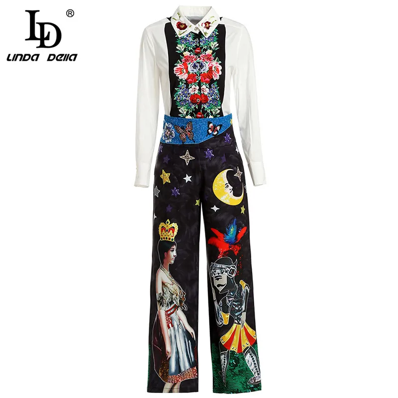 Billig LD LINDA DELLA Fashion Runway Casual Zwei Stücke Set Floral Print Blusen und Zipper Fly Pants Sets frauen Sets kleidung