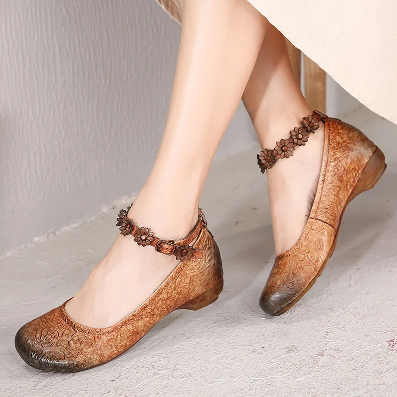 

Artdiya Original Spring and Summer New Retro Low Heels Women's Shoes Flower Genuine Leather Shallow Mouth Handmade Pumps H87-128