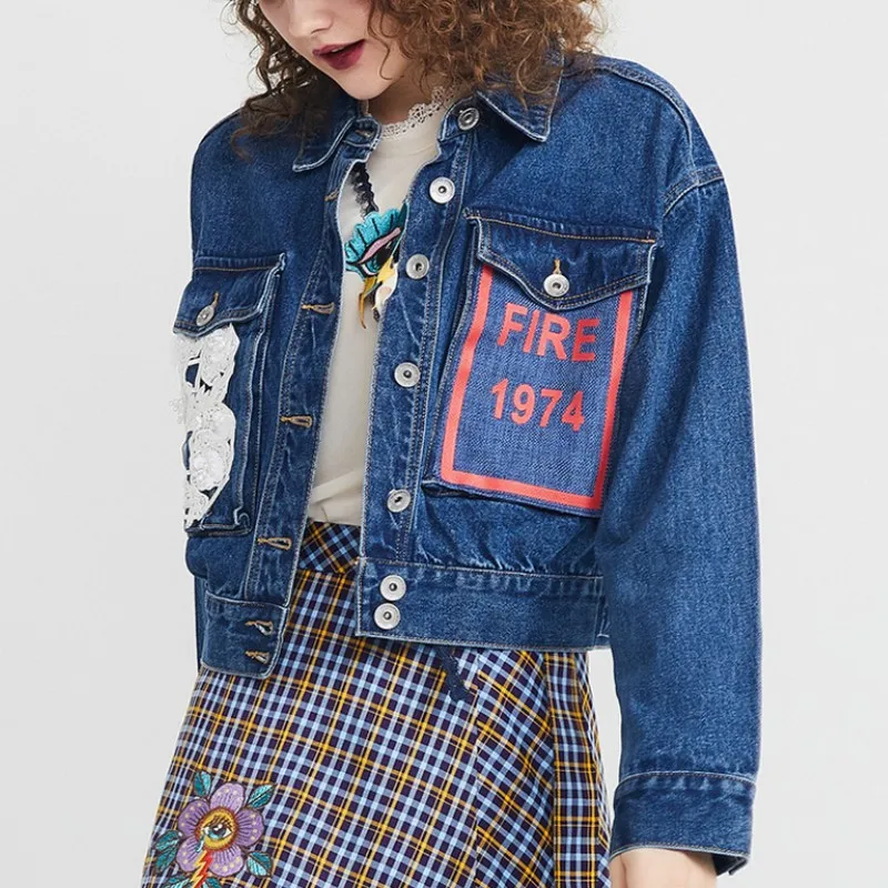 Casual Fashion Jean Jacket Women Letter Printing Big Pocket Single-breasted Denim Coat Streetwear Denim Jacket Woman Spring 2019