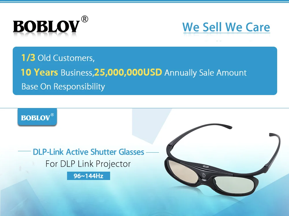 BOBLOV JX-30 3D Active Shutter Glasses DLP-Link 96Hz/144Hz USB Rechargeable Home Theater Black For BenQ Dell Acer 3D Projector