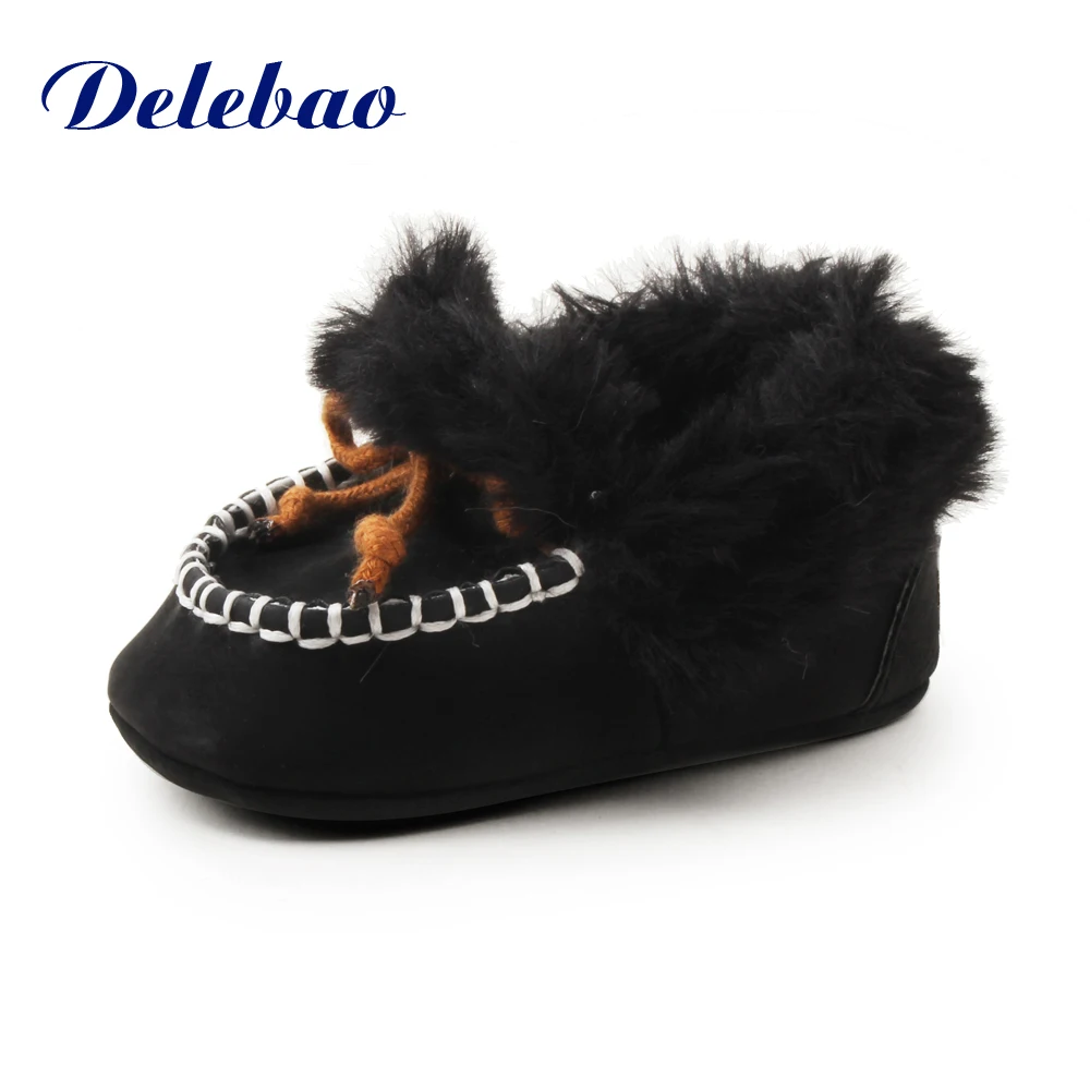 Delebao For 0 18M Winter Fluffy Baby Boots Soft Black Classic Style Design Slip on Baby Warm