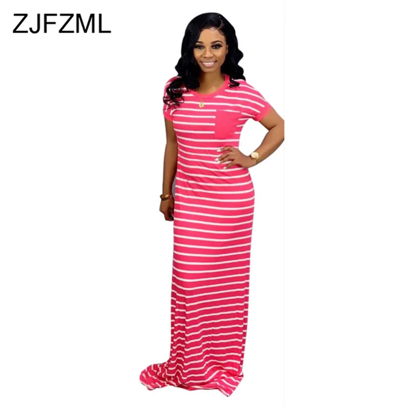 

Red White Striped Print Plus Size Dress Women Scoop Neck Short Sleeve Long Maxi Dress Summer Loose Floor-Length Dress Vestidos