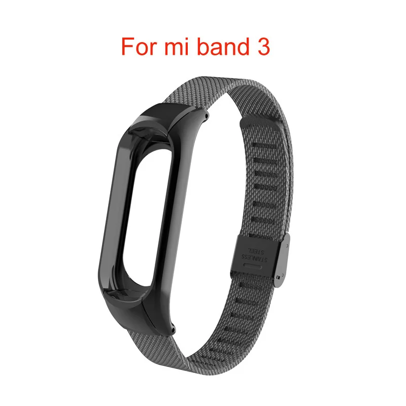 Браслет с цветочным принтом для mi band 3, кожаный металлический ремешок для Xiao mi Band 3, чехол из нержавеющей стали, браслет - Цвет: metal black