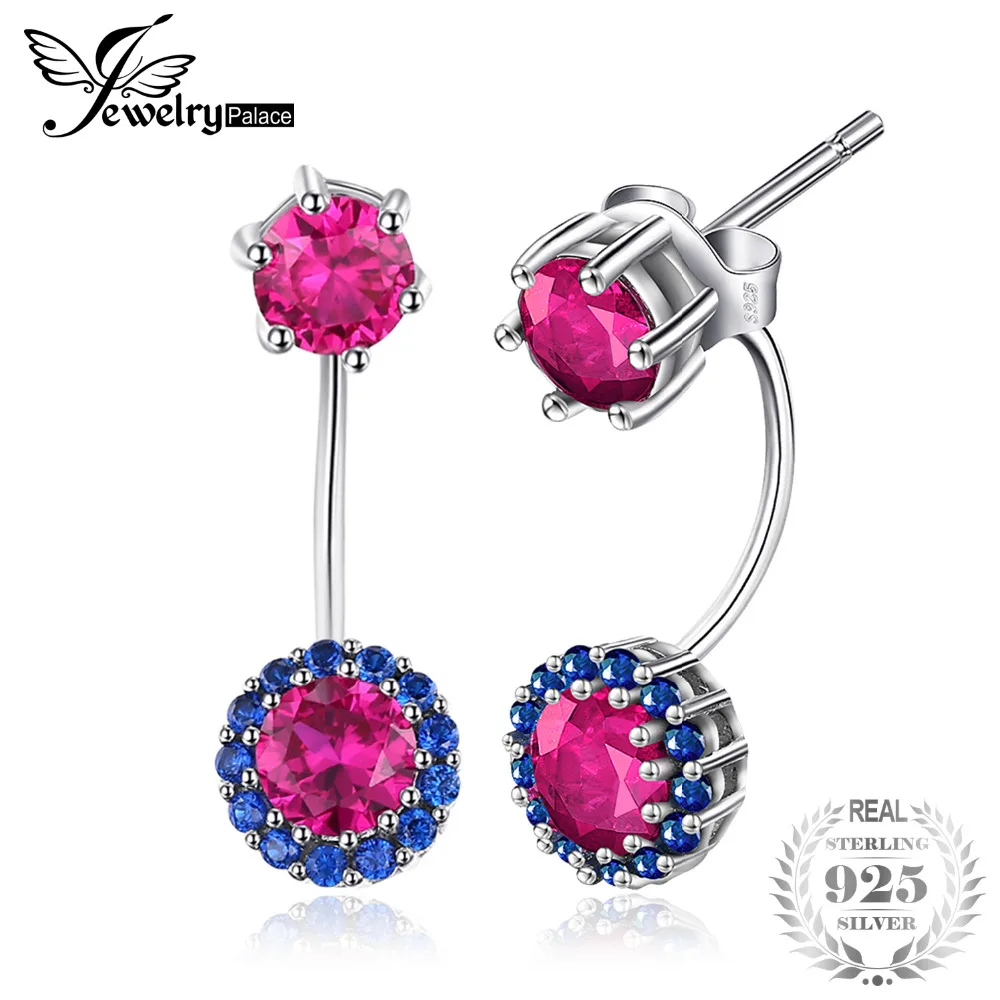 

JewelryPalace Round 2.6ct Created Ruby Blue Spinel Earrings Jackets 925 Sterling Silver New Fashion Christmas Gift For Women