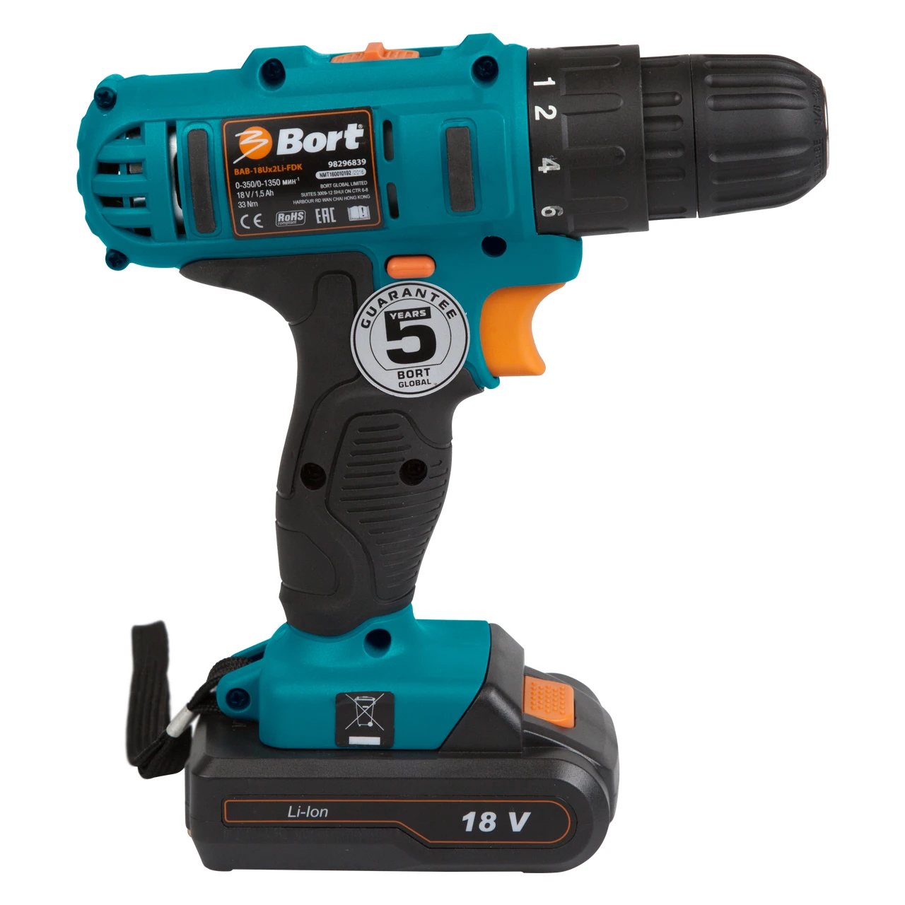 Дрель-шуруповерт аккумуляторная Bort BAB-18Ux2Li-FDK (напряжение 18 В, 2 скорости, 2 аккумулятора, Li-Ion батарея, сумка)