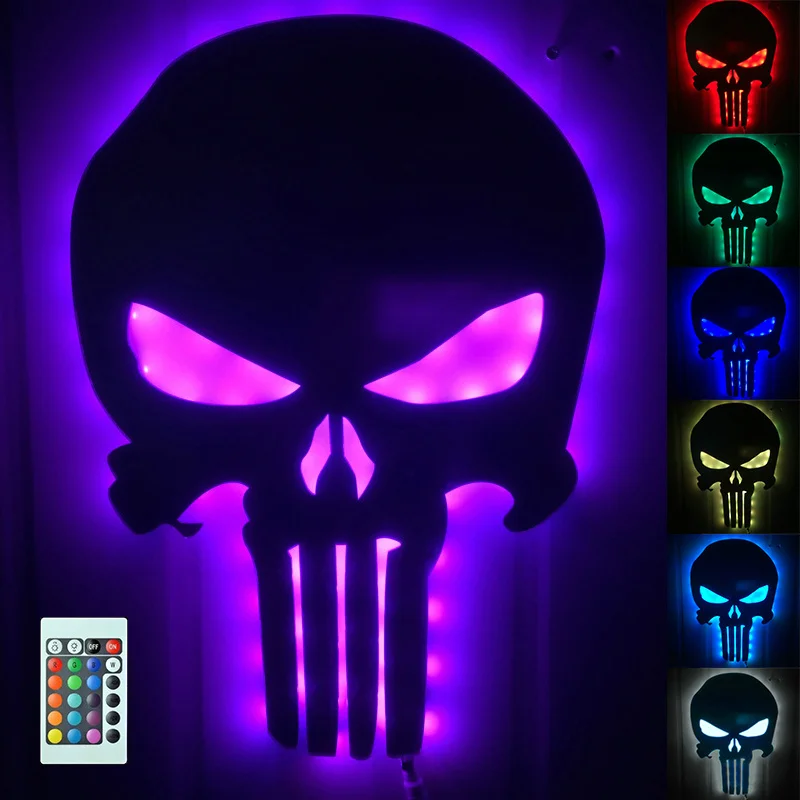 

1Piece Punisher Skull Color Changing Wall Light Remote Controlled Mirror Plus Eclipse Room Lamp Halloween Decor Night Light