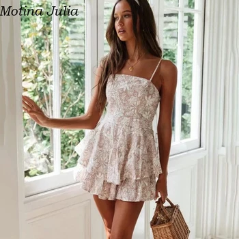 

Motina Julia Sexy print bow backless jumpsuit romper Elegant ruffle short casual party playsuit women Summer beach rompers