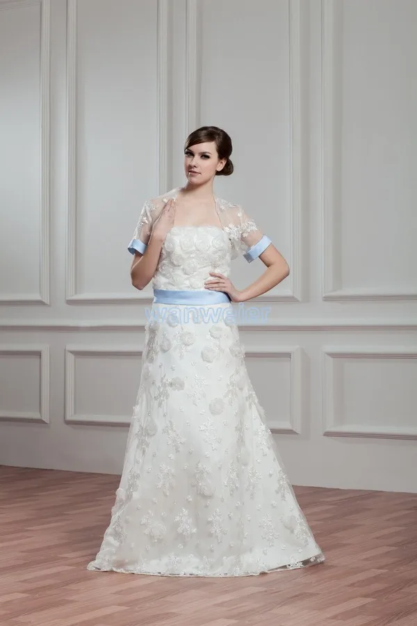 

free shipping 2013 new design with jacket handmade flowers short sleeve bridal gown custom size/color white/ivory wedding dress