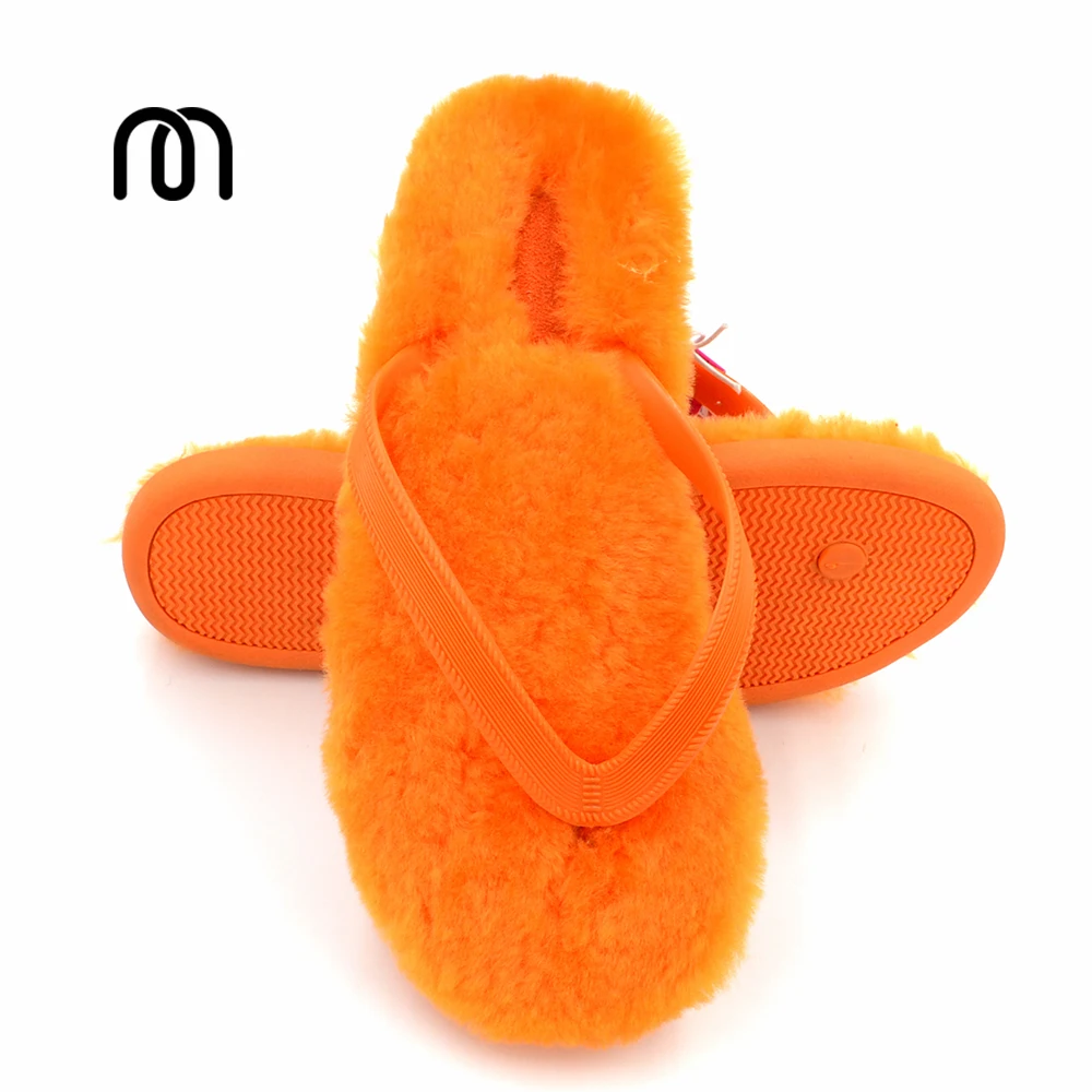 

Millffy top quality orange white sheepskin flip flop slipper sandals womens US 9 furslippers soft cozy home footwear slippers